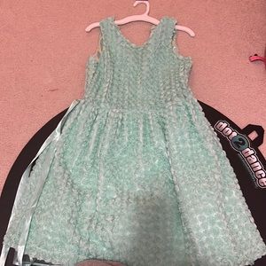 Floral calf length dress with blue ribbon